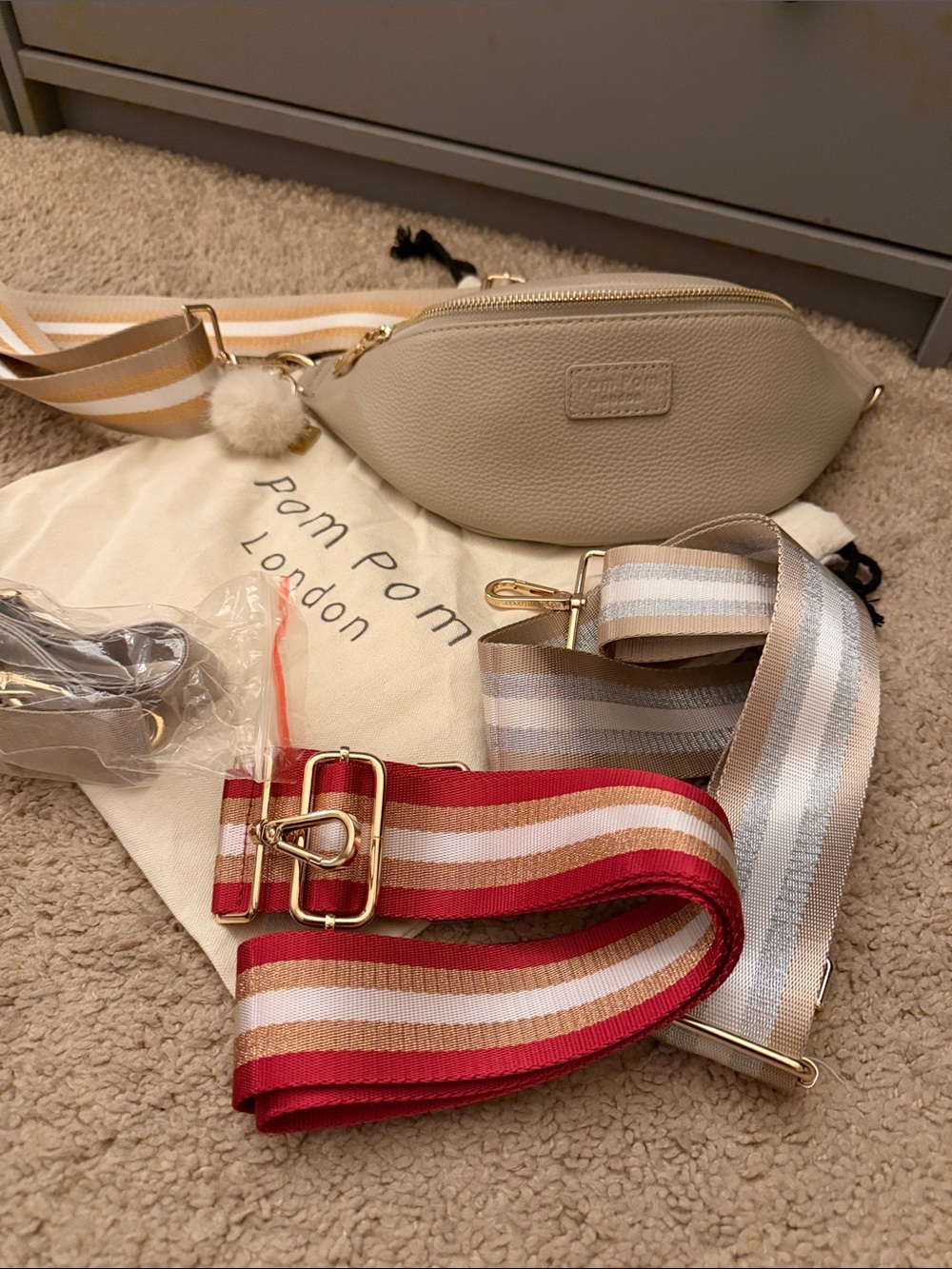 Pom Pom London Oatmeal Leather Bum Bag + 3 Straps NWOT